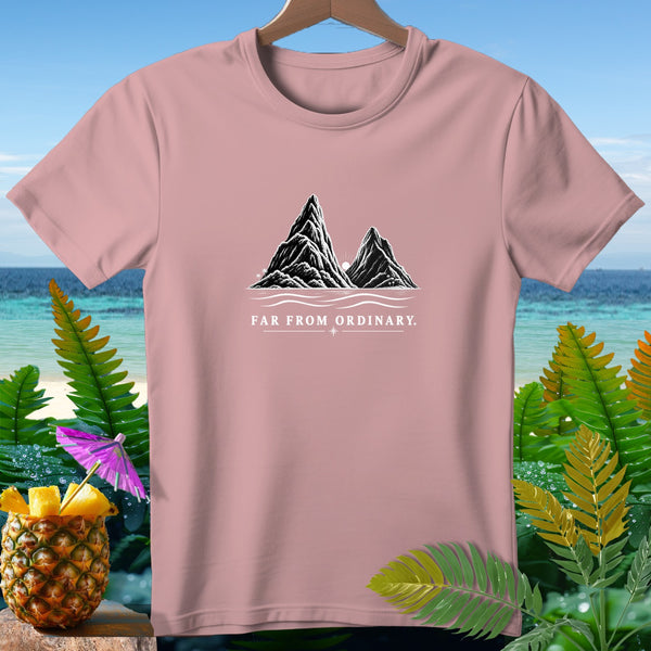 Pink t-shirt with black mountain graphic and "FAR FROM ORDINARY." text.