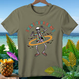 Skeleton in Hawaiian shirt dancing with text 