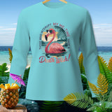 Aqua long-sleeve shirt with flamingo graphic and text 