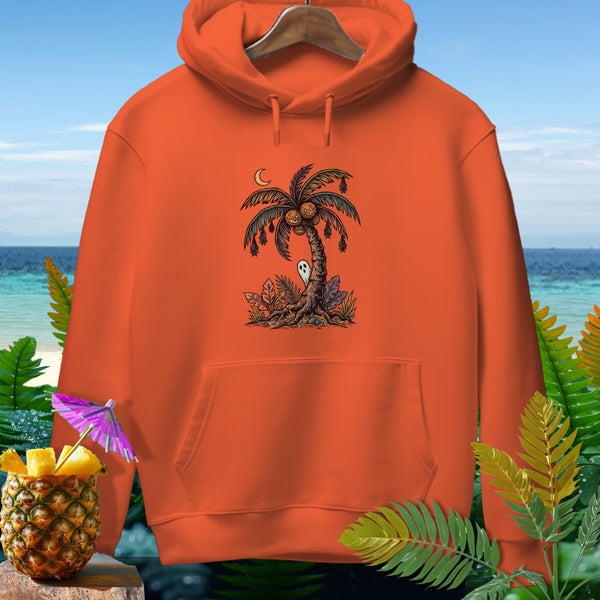 Orange hoodie with a Halloween-themed palm tree, ghost, and bats graphic.