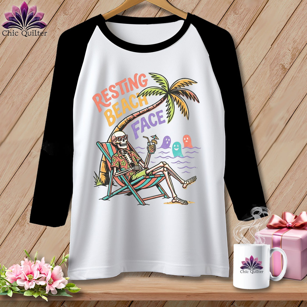 Skeleton relaxing on a beach chair under a palm tree with "Resting Beach Face" text.