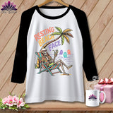 Skeleton relaxing on a beach chair under a palm tree with 