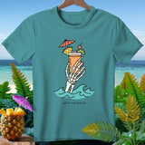 Teal t-shirt with skeleton hand holding a tropical drink, text 