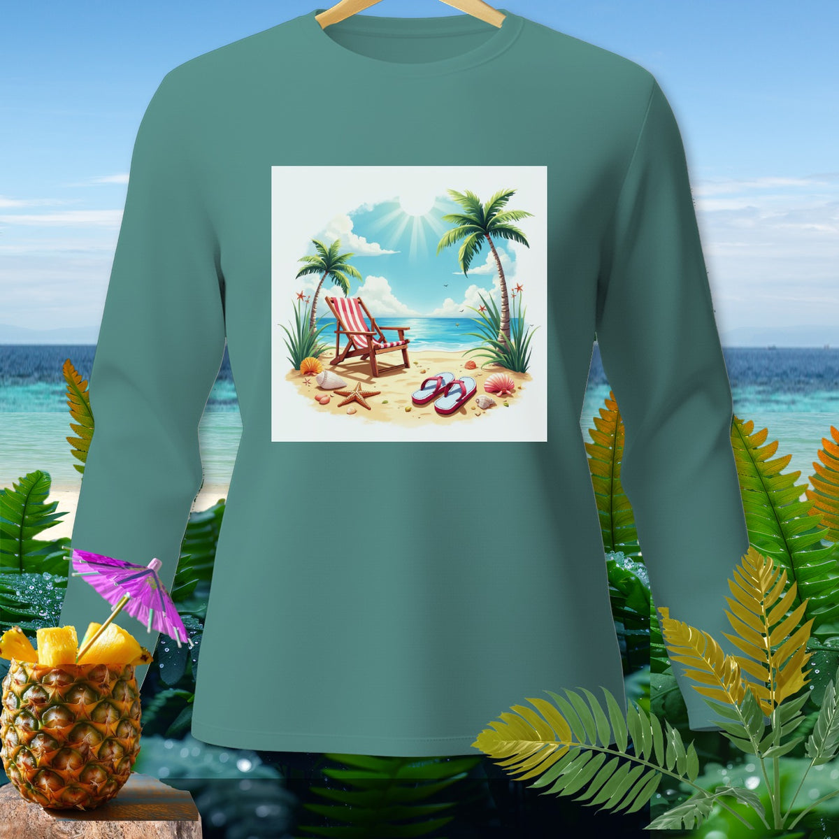 Long sleeve shirt with a beach scene graphic: lounge chair, palm trees, and flip-flops.