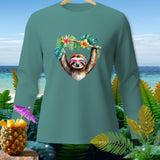 Teal long-sleeve shirt with a sloth in heart-shaped foliage and heart sunglasses.