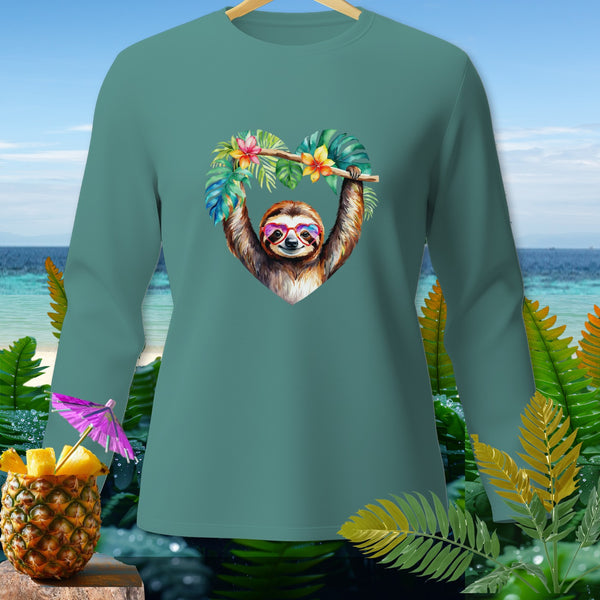 Teal long-sleeve shirt with a sloth in heart-shaped foliage and heart sunglasses.