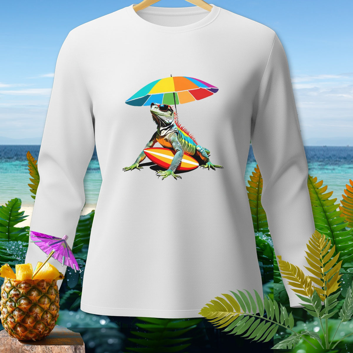 White long-sleeve shirt with a graphic of a colorful iguana under a rainbow umbrella.