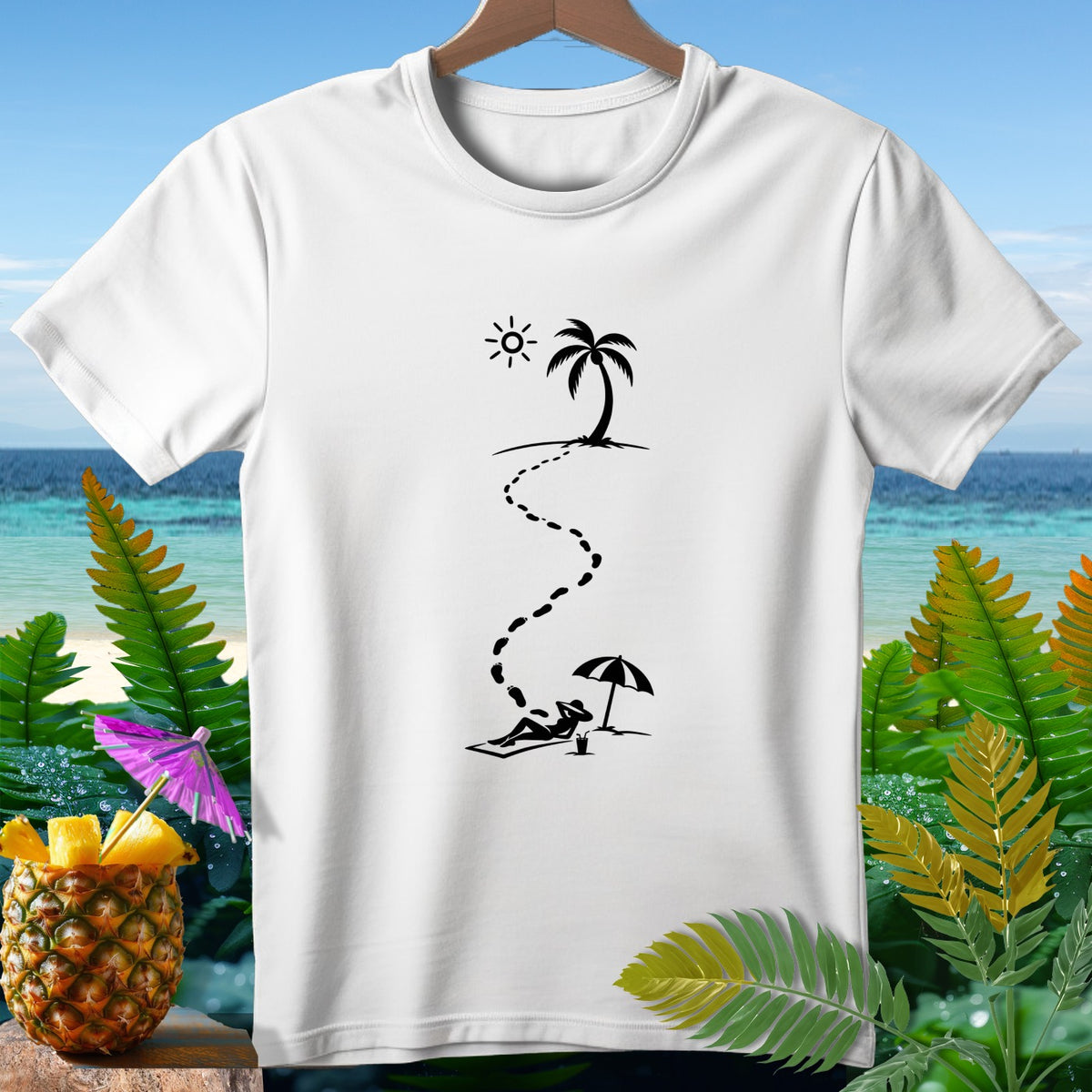 White t-shirt with a black graphic of footprints leading from a sunbather to a palm tree.