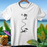 White t-shirt with a black graphic of footprints leading from a sunbather to a palm tree.