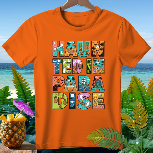 Orange t-shirt with "Haunted in Paradise" text in colorful Halloween-themed letters.