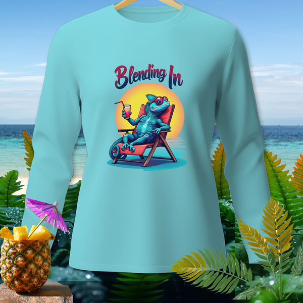 Light blue long-sleeve shirt with a blue chameleon on a beach chair and the text "Blending In".