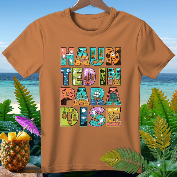 Orange t-shirt with "Haunted In Paradise" text in colorful, illustrated letters.