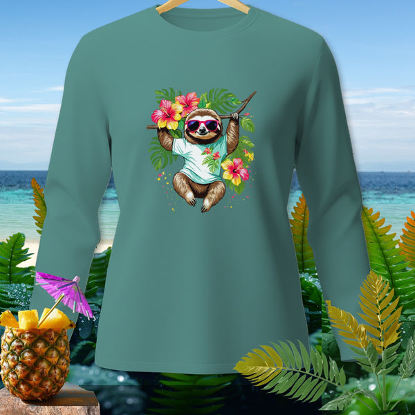 Teal long-sleeve shirt with a graphic of a sunglasses-wearing sloth holding a branch and tropical flowers.