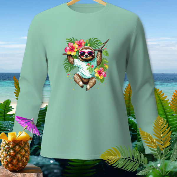 Mint green long-sleeve shirt with a sloth graphic and tropical background.