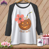 Baseball t-shirt with jack-o'-lantern coconut, hibiscus flower, striped straw, and 