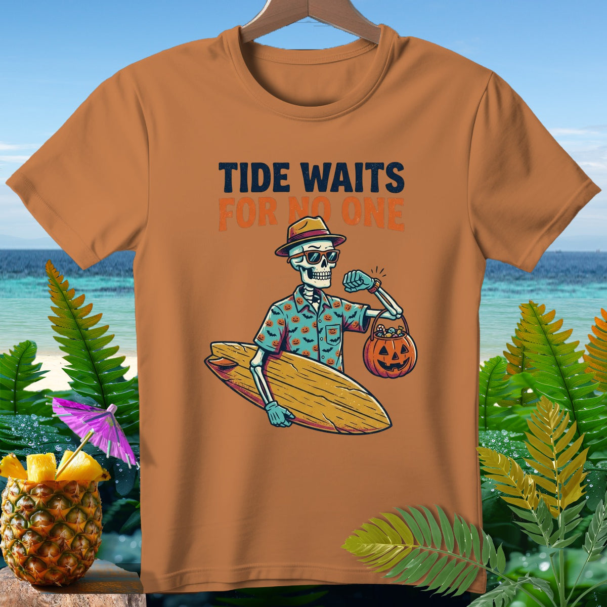 Skeleton in Hawaiian shirt with surfboard and pumpkin, "Tide Waits For No One" text.