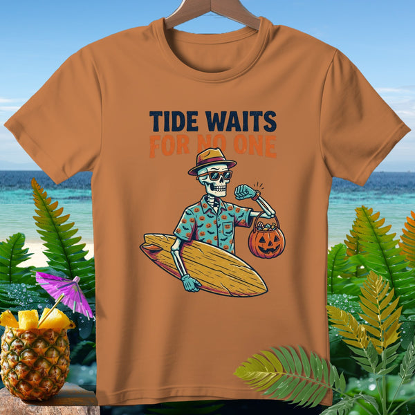 Skeleton in Hawaiian shirt with surfboard and pumpkin, "Tide Waits For No One" text.