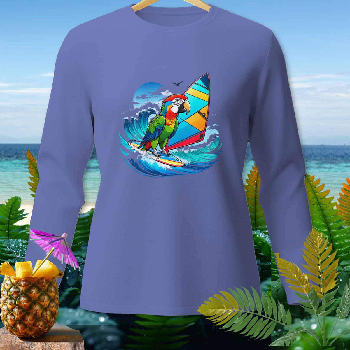 Long sleeve shirt with a parrot windsurfing on a wave.