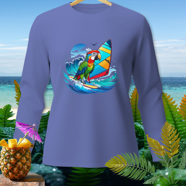 Long sleeve shirt with a parrot windsurfing on a wave.