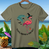 T-shirt with a pink flamingo wearing a witch hat and holding a pumpkin, with bats and palm fronds.