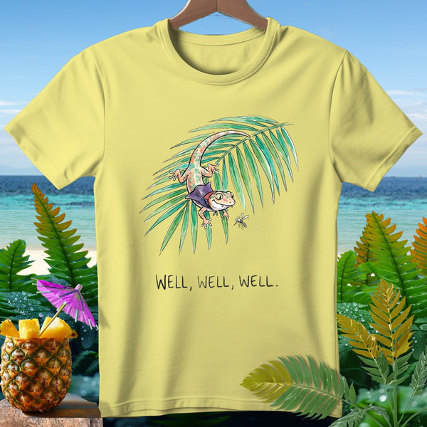 Yellow t-shirt with cartoon gecko on palm leaf and text "WELL, WELL, WELL."