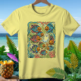 Yellow t-shirt with a Halloween-themed design of fish with jack-o'-lantern faces and a ghost.