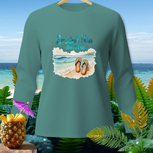 Teal long sleeve shirt with "Barefoot bliss island kiss" and beach graphic.