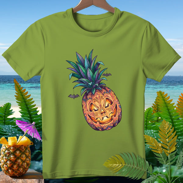 Green t-shirt with a Halloween-themed jack-o'-lantern pineapple graphic.