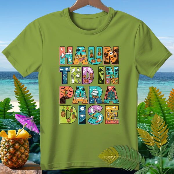 Green t-shirt with "Haunted In Paradise" Halloween tropical design.