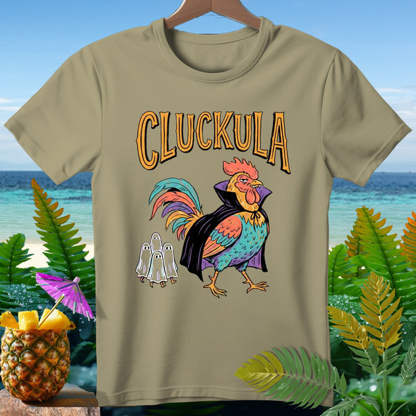 T-shirt with Cluckula the vampire rooster and ghosts graphic.