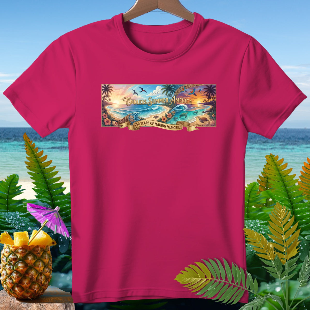 Pink t-shirt with a beach graphic: "Endless Summer America, 250 Years of Making Memories."