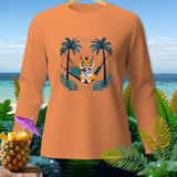 Orange long-sleeve shirt with tiger in hammock graphic and tropical background.