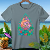 Grey t-shirt with a colorful volcano and ghost design, surrounded by tropical foliage.