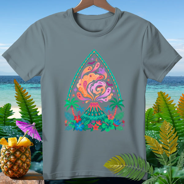 Grey t-shirt with a colorful volcano and ghost design, surrounded by tropical foliage.