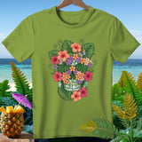 Green t-shirt with a skull design made of tropical flowers and leaves.