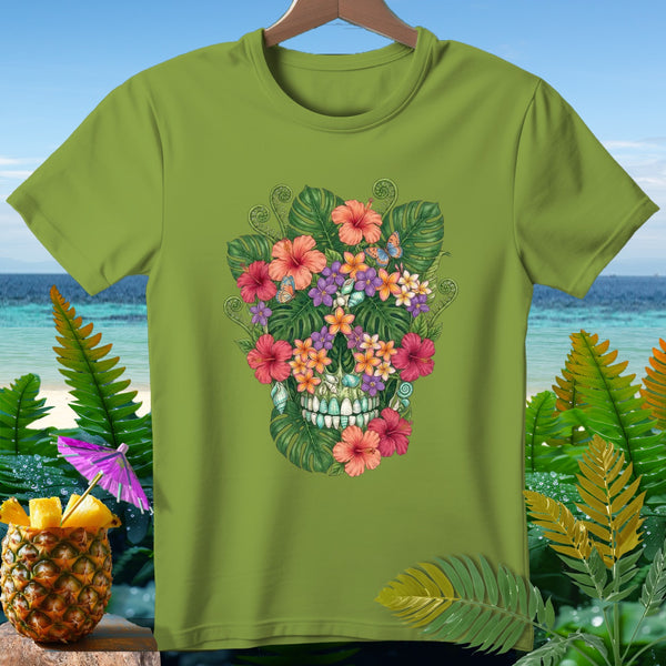 Green t-shirt with a skull design made of tropical flowers and leaves.