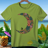 Green t-shirt with crescent moon design, tropical foliage, and a surfer.