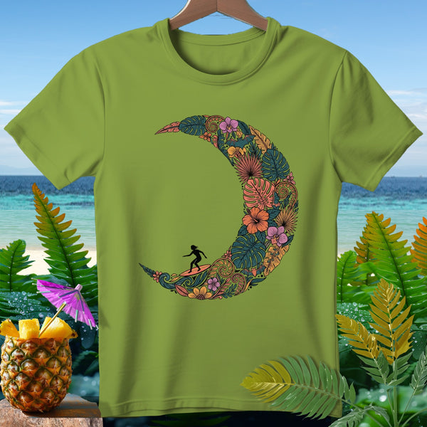Green t-shirt with crescent moon design, tropical foliage, and a surfer.