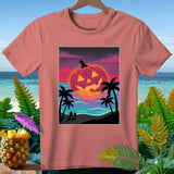 T-shirt featuring a Halloween pumpkin on a beach at sunset with palm trees.
