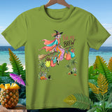 Witch on broomstick with shopping bags, text 