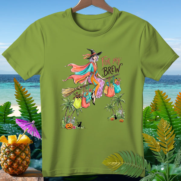 Witch on broomstick with shopping bags, text "For my Brew".