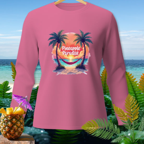 Pink long-sleeved shirt with "Pineapple Paradise" text and beach graphic.