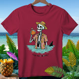 Skeleton in Hawaiian shirt drinks coconut, shark fin visible. 