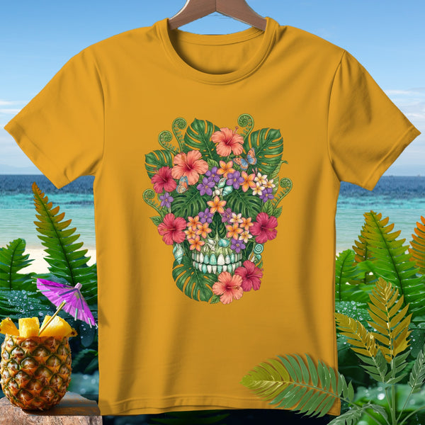 Yellow t-shirt featuring a floral skull design with butterflies against a beach backdrop.