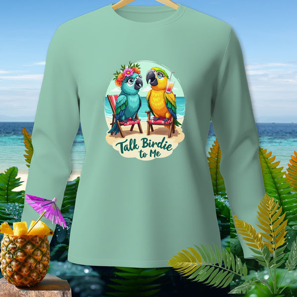 Two parrots on beach chairs with "Talk Birdie to Me" text.