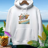 White hoodie with graphic of three ghosts surfing.