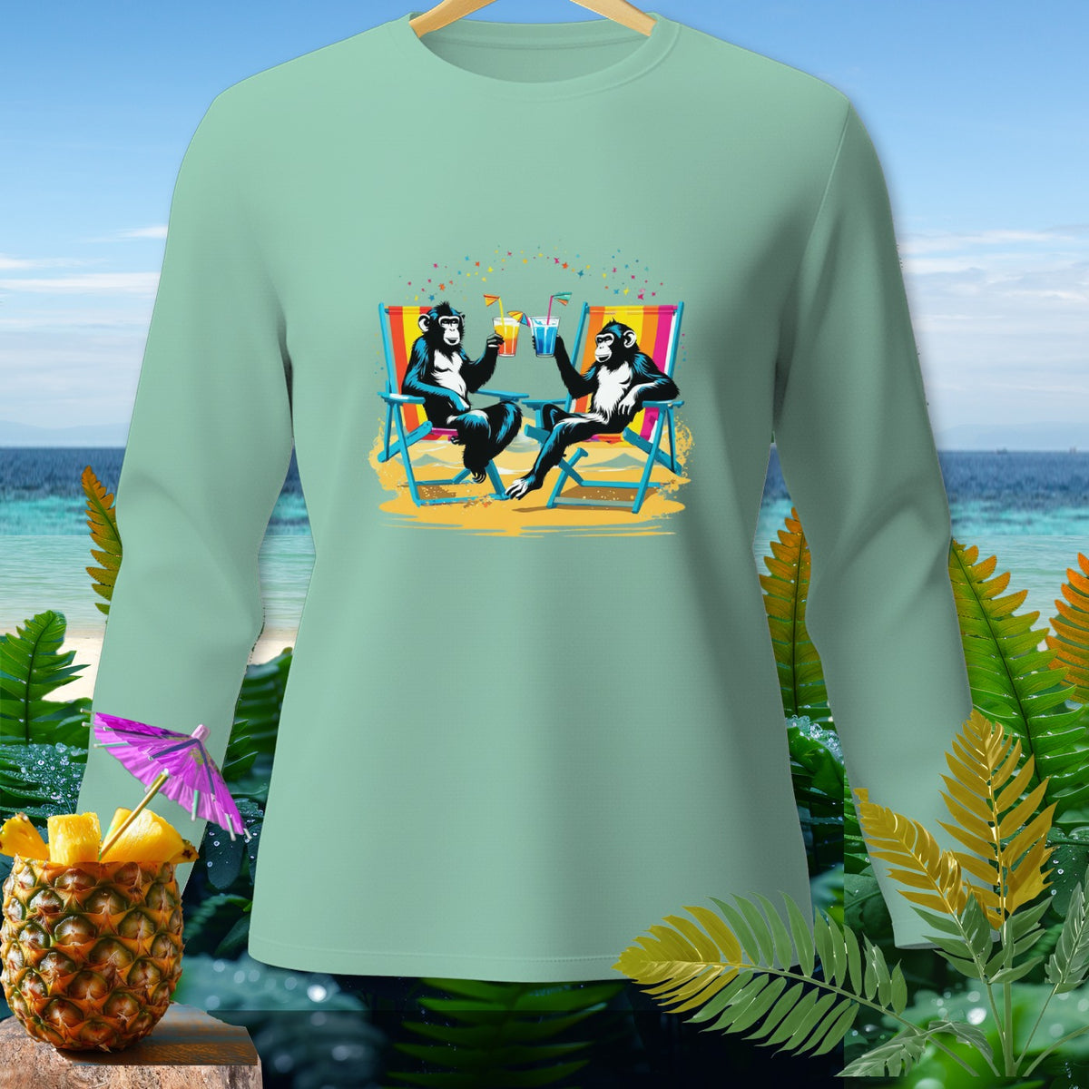 Light mint green long-sleeve shirt with graphic of two monkeys toasting drinks on beach chairs.