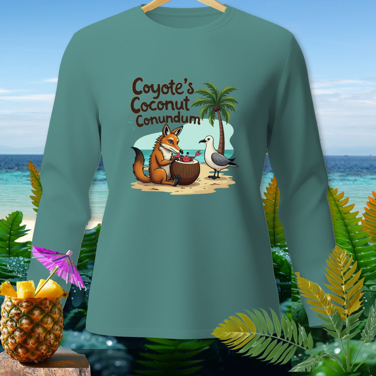 Teal shirt with "Coyote's Coconut Conundrum" text and cartoon fox.