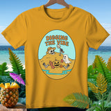 T-shirt with oval graphic of skeleton, ghost, pumpkin, and text 