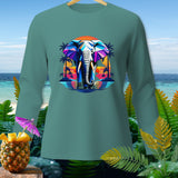 Long sleeve teal t-shirt with a colorful geometric elephant graphic at sunset.